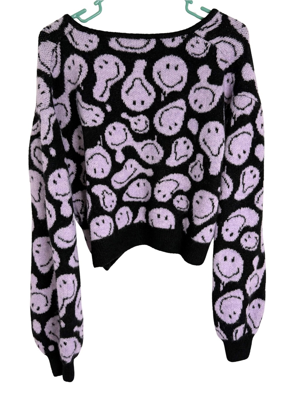 Smiley X H&M Black & Lilac Smiley Knit Cropped Cardigan Size Large - Picture 2 of 5